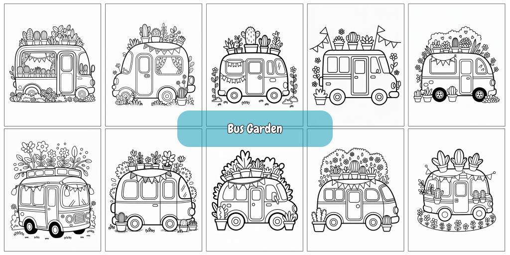 Printable designs of a cute camper with a garden.