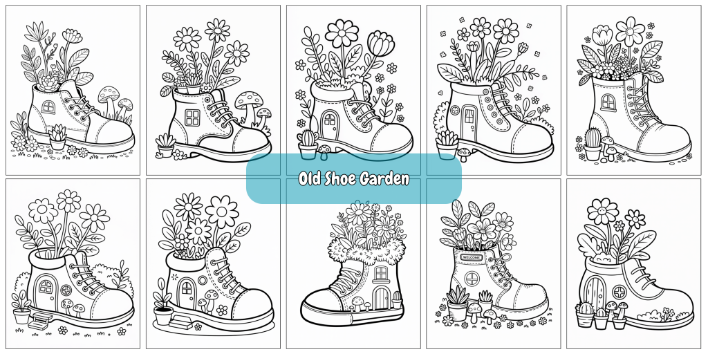 Cute art featuring a house in the shape of a shoe.