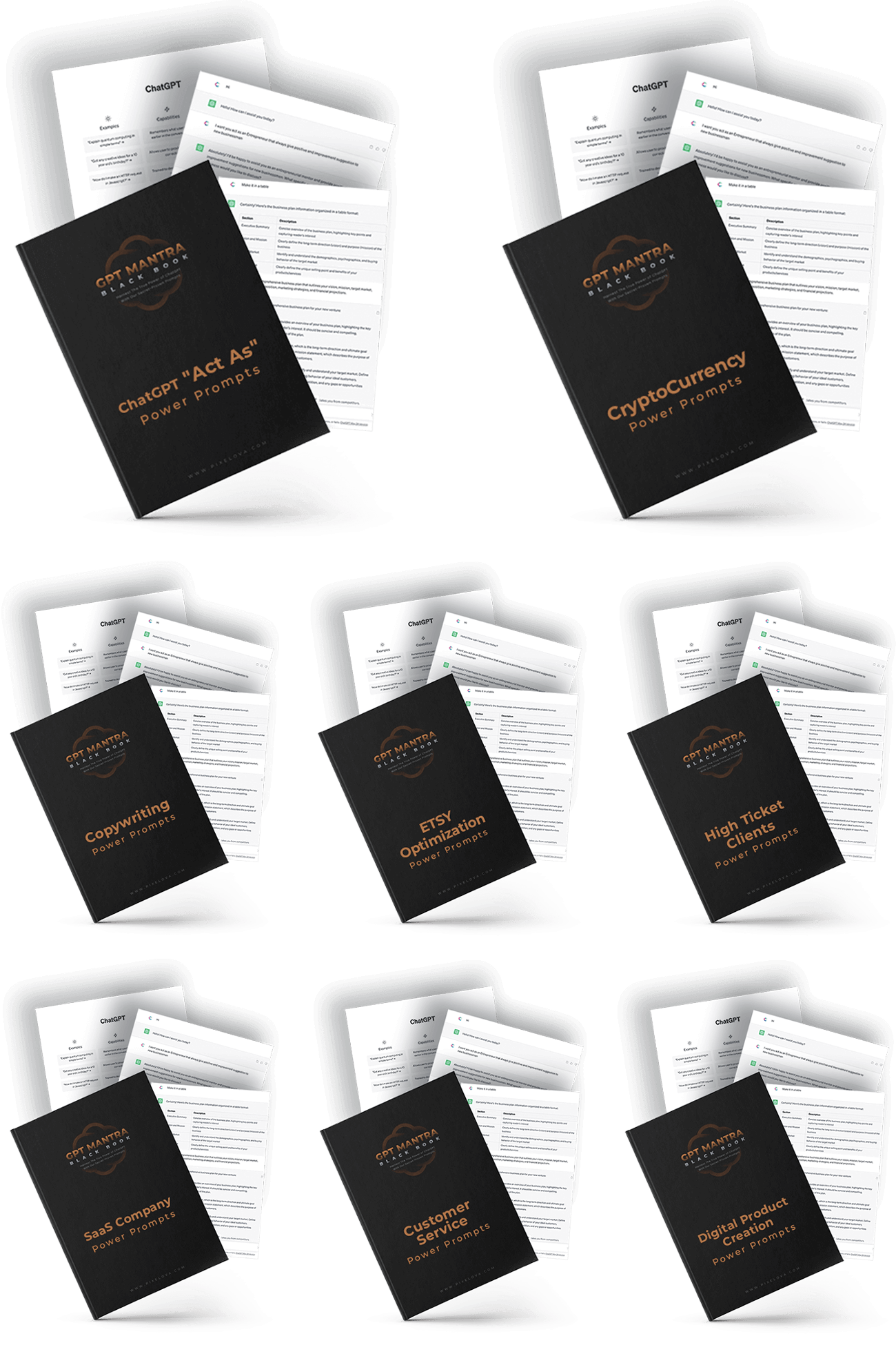 Collection of GPTMantra BlackBook prompt categories like Copywriting and Cryptocurrency