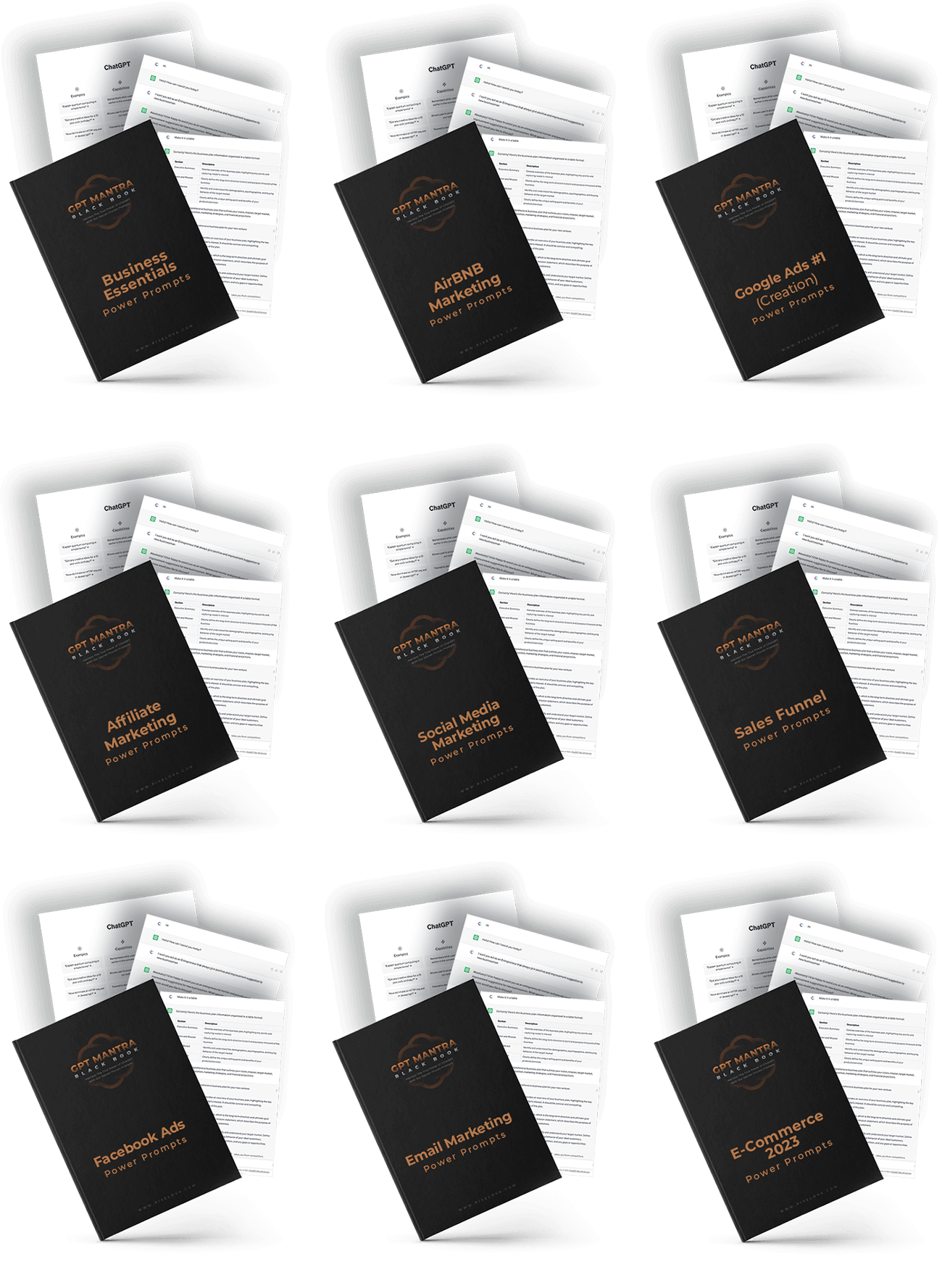 Collection of GPTMantra BlackBook prompt categories like Affiliate Marketing and Sales Funnel