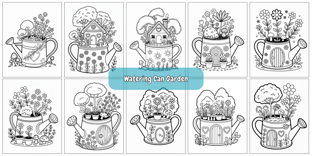 Kawaii-style art of a watering can with a tiny garden.